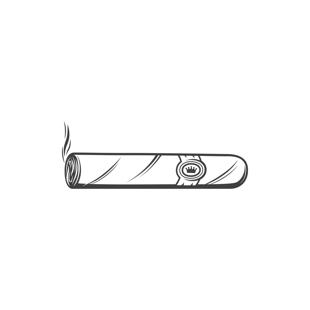 Cigar with smoke isolated monochrome icon. Vector tobacco product, cuban cigarette symbol. Tobacco cigarette, isolated cuban cigar, smoking