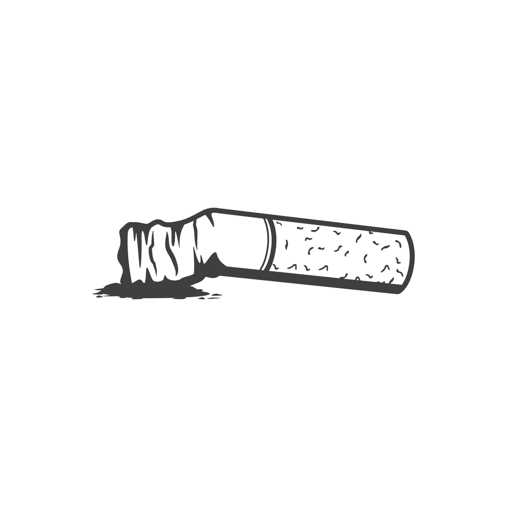 Crumpled, braised or smoked cigarette isolated monochrome icon. Vector filtered cigar with tobacco rolled in. Tobacco smoked cigarette braised and crumpled isolated