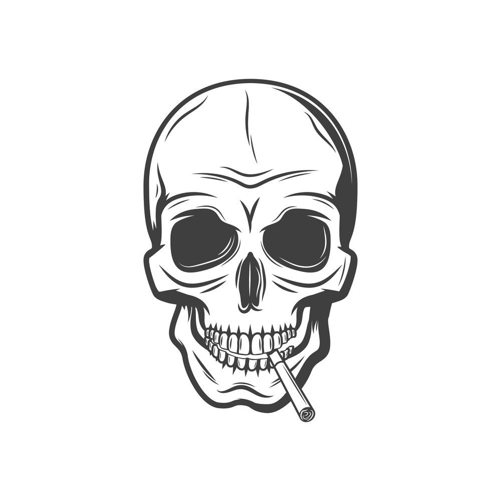 Skull with cigarette isolated harmful habit symbol. Vector deathful smoking addiction monochrome sign. Human skull smoking cigarette, forbidden to smoke