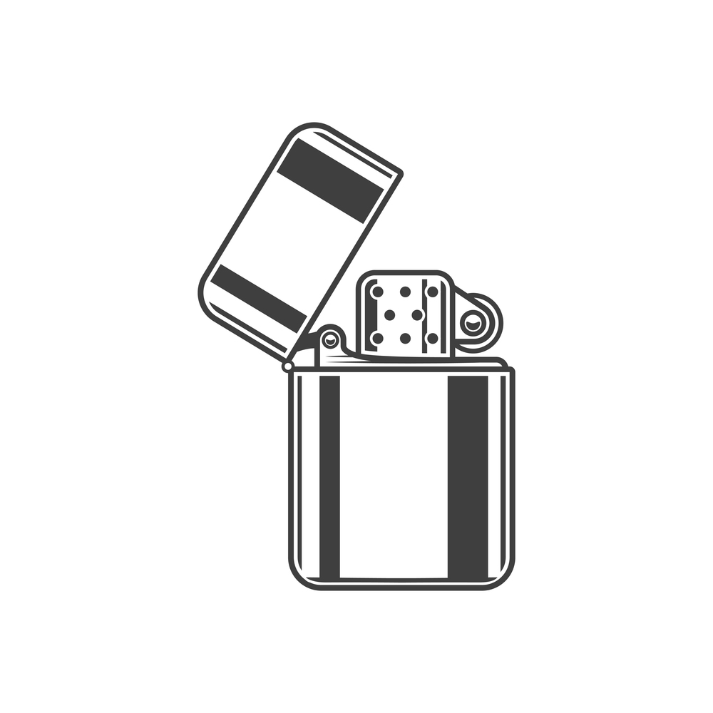 Metal stylish gasoline lighter isolated monochrome icon. Vector cigar-lighter, smoking retro accessory. Windproof cigar-lighter isolated gasoline lighter
