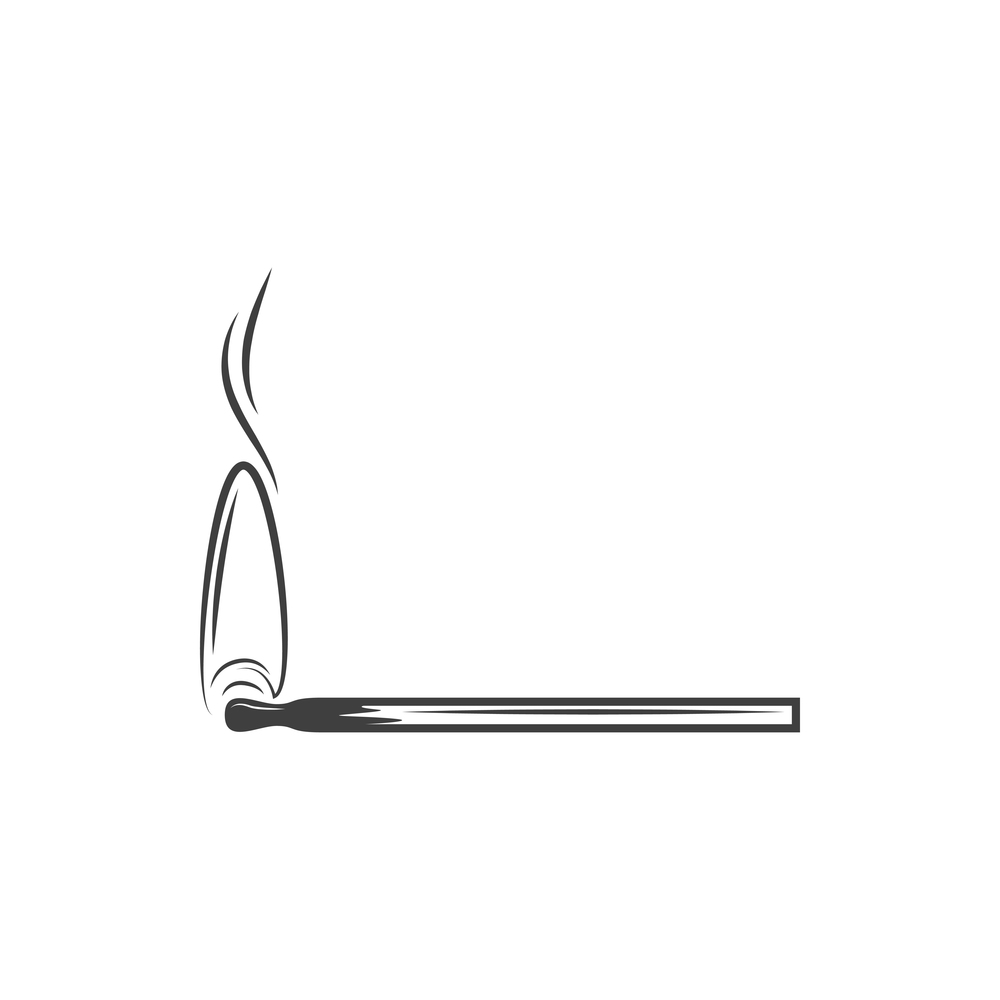 Wooden used burnt match isolated monochrome icon. Vector burning safety match-stick. Burnt match with smoke isolated monochrome icon