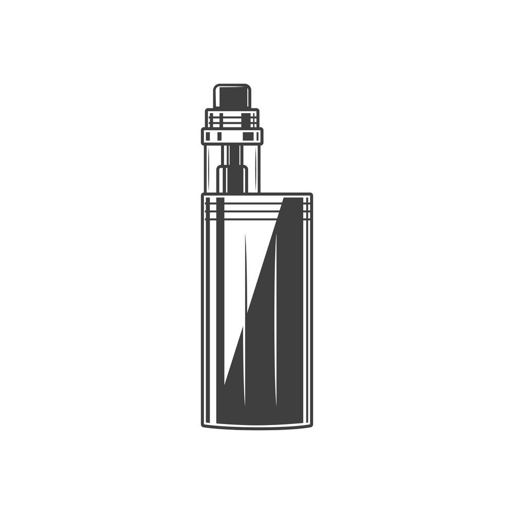 Vape box isolated electronic cigarette. Vector monochrome vaporizer, vape-pen mod device. Vaporizer box isolated electronic cigarette device