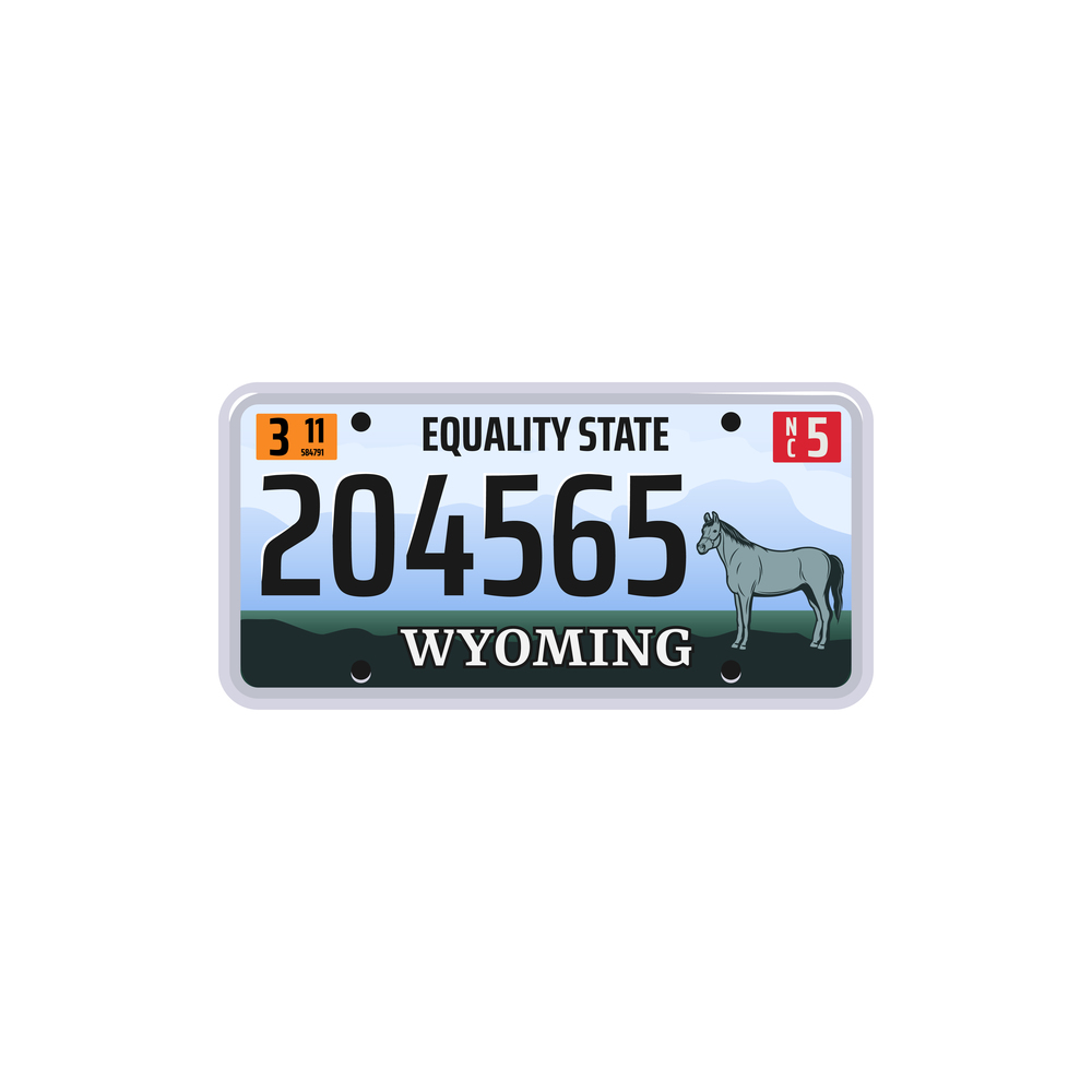 Wyoming equality state vehicle number isolated. Vector car registration plate with horse. Car registration plate Wyoming state auto number