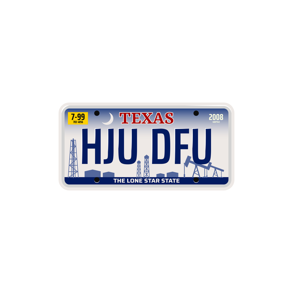 Texas USA state isolated vehicle registration number. Vector car license, metal numberplate. Vehicle number plate of Texas state, car license