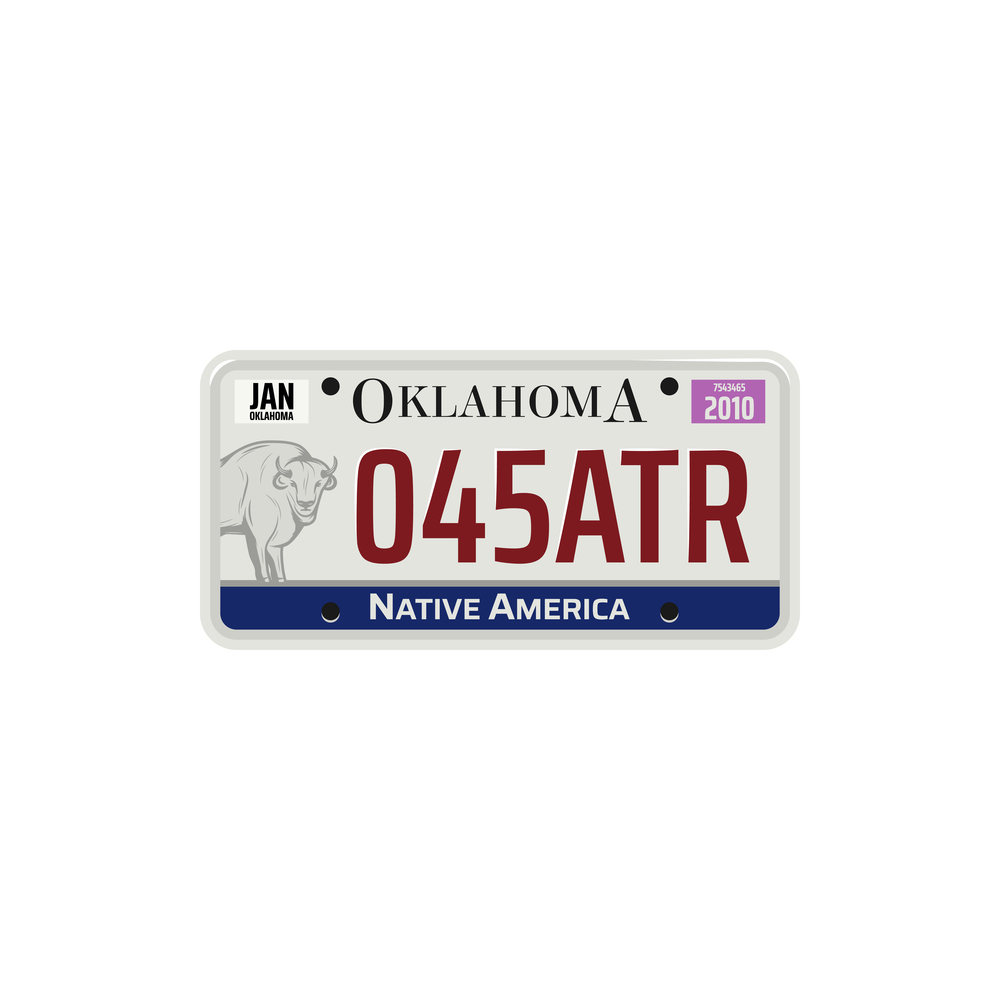 Oklahoma car registration sign isolated USA state vehicle number plate. Vector automobile license. Car registration license Oklahoma state isolated