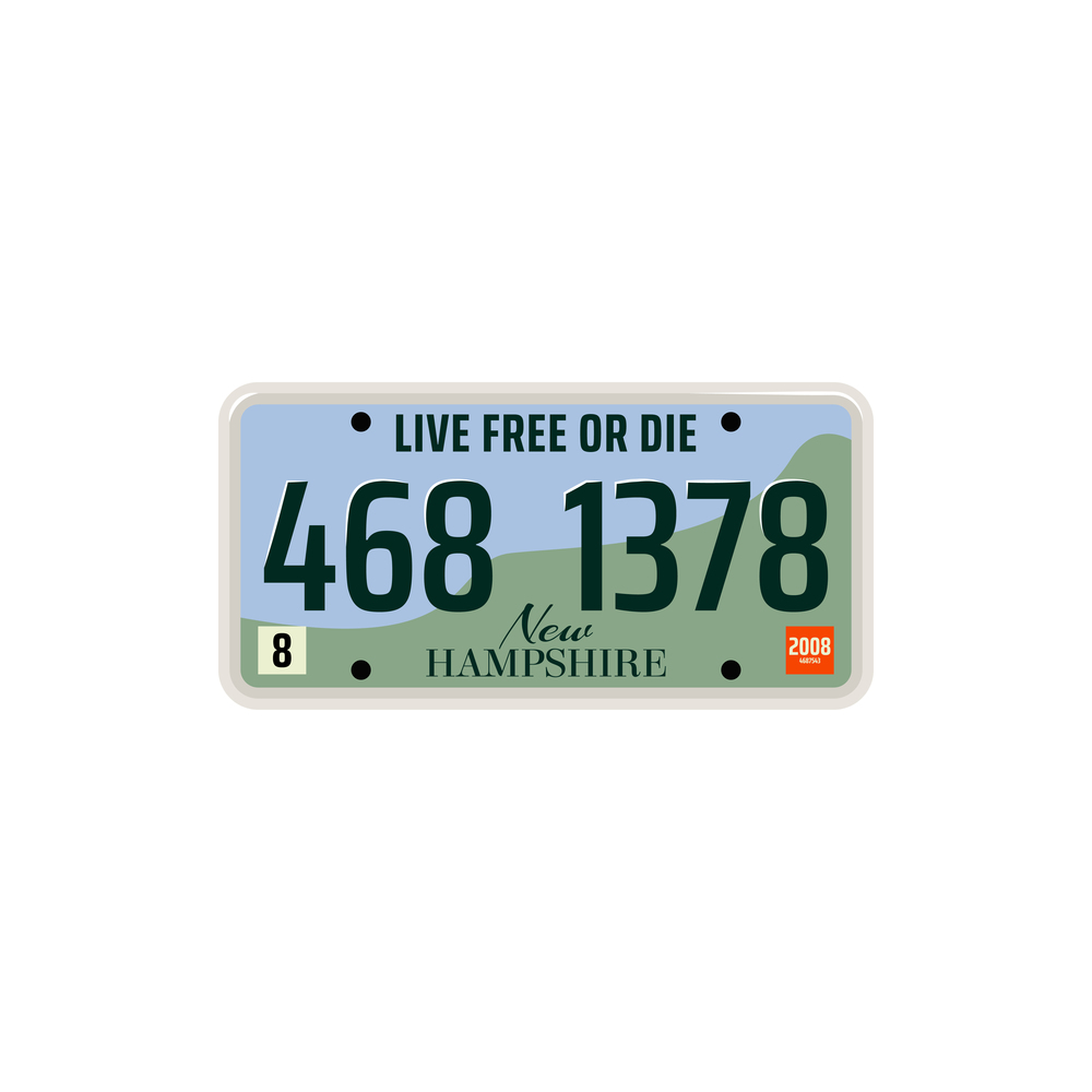 New Hampshire car registration sign with number and figures isolated. Vector vehicle license plate. Vehicle license plate of New Hampshire state, USA