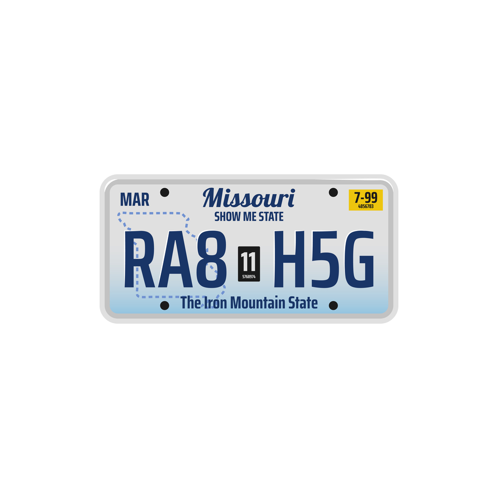 Missouri mountain state isolated car number plate. Vector auto registration license with letters and figures. Number plate of Missouri vehicle registration sign