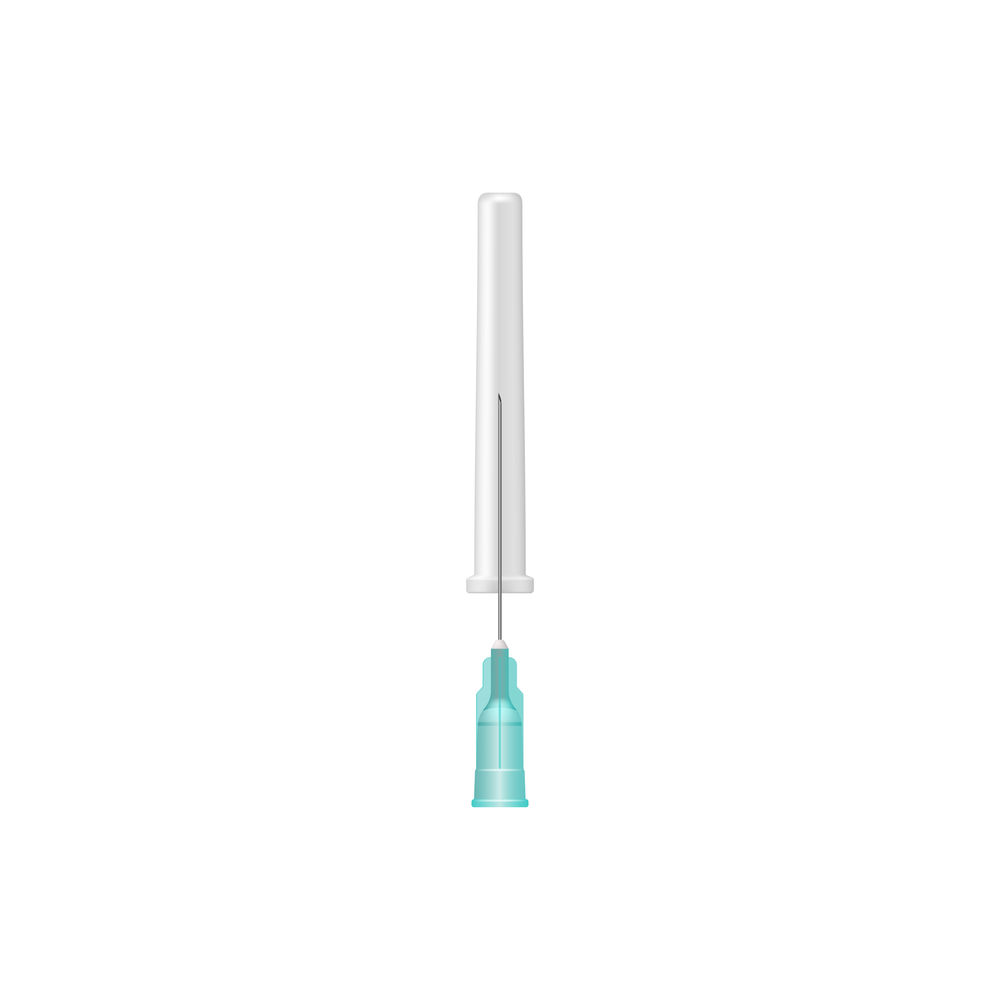 Injection needle and cover isolated medical tools. Vector 18 gauge needle and cap. Medical injection needle and cap isolated