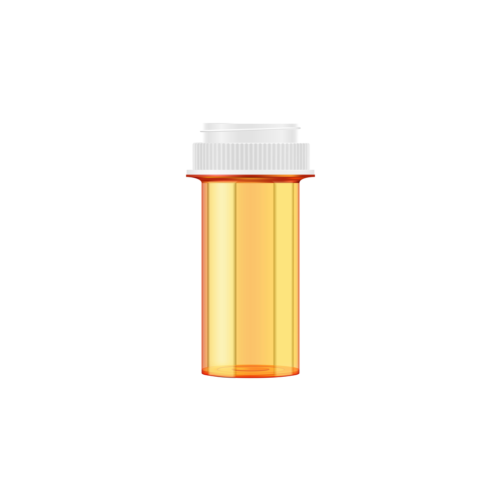 Medical pills empty bottle isolated transparent container. Vector sterile pack to store biomaterial. Transparent orange pills container isolated bottle