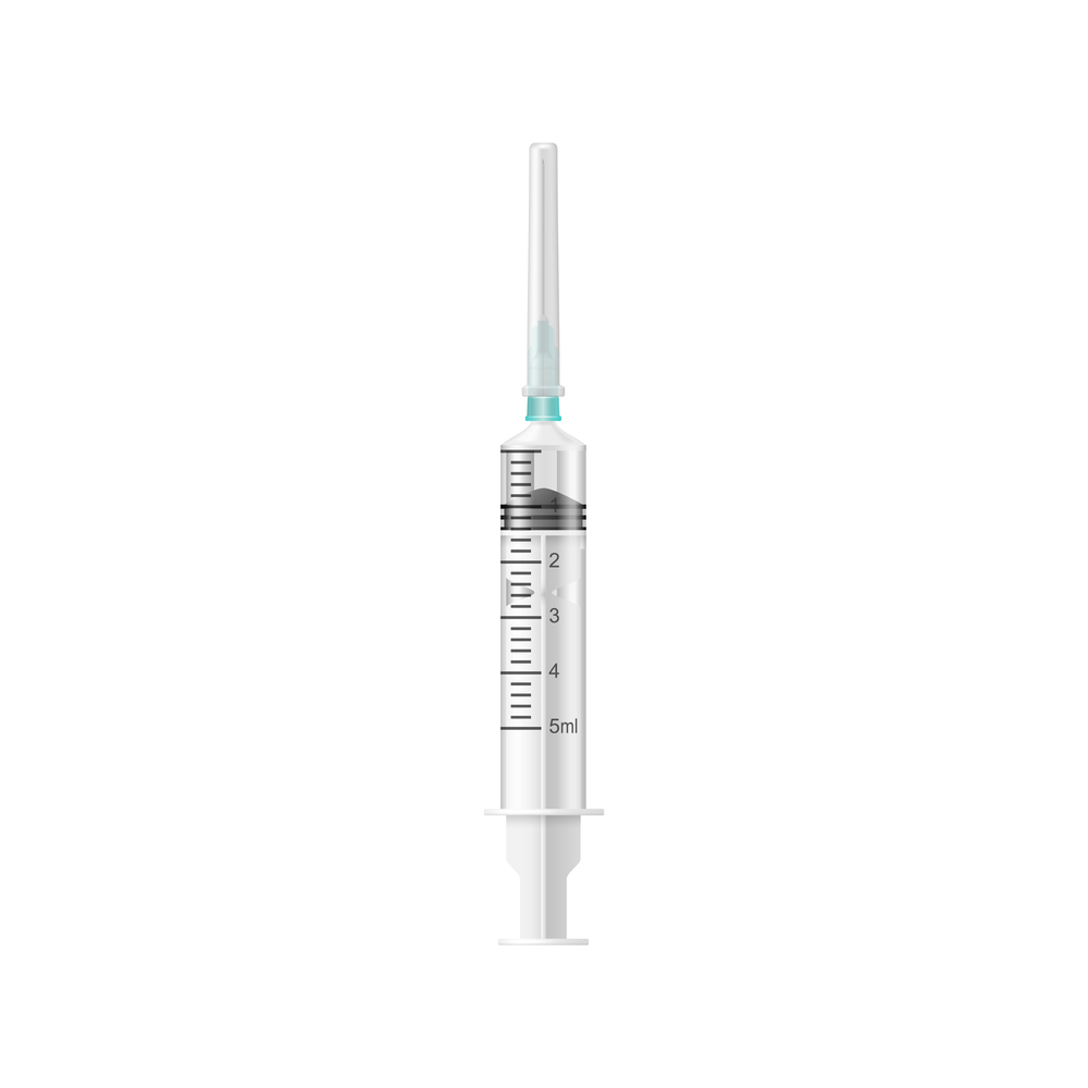 Syringe to make injections isolated realistic mockup. Vector vaccination injector with needle template. Injections syringe isolated vaccination injector