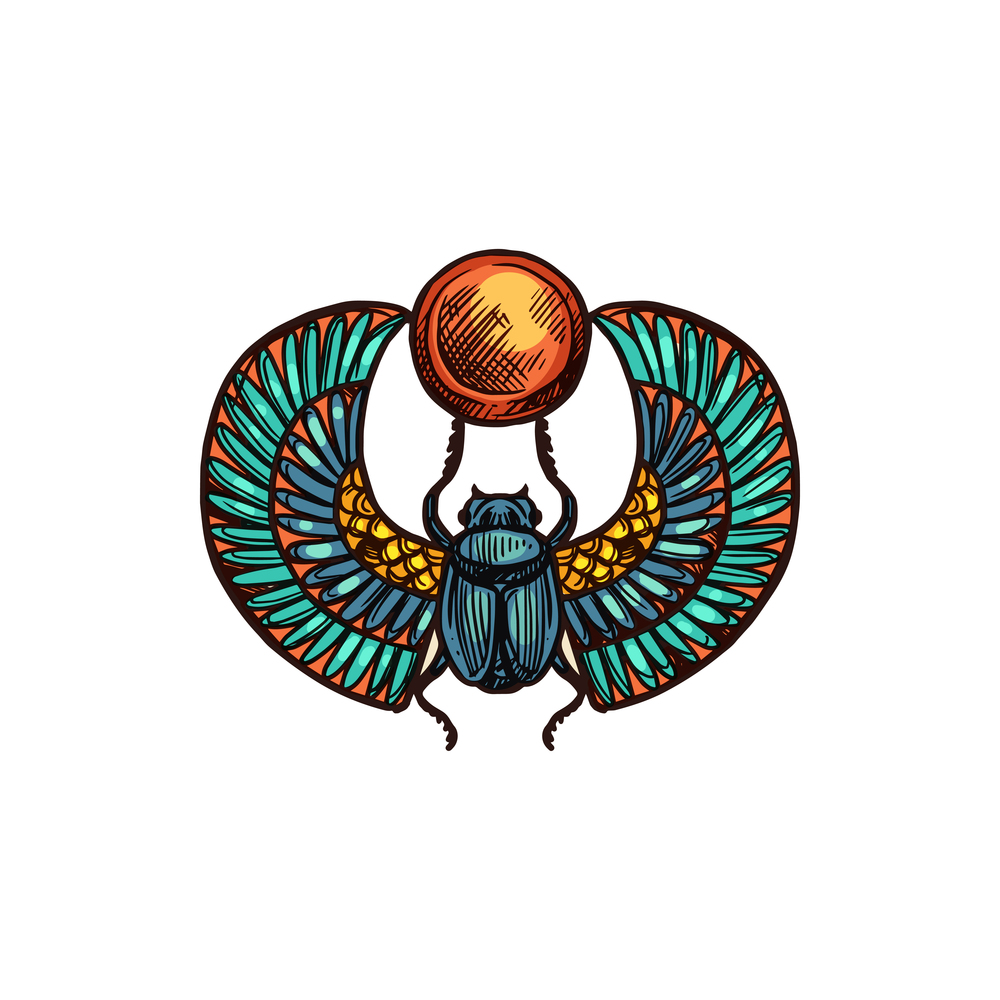 Egyptian scarab isolated winged beetle with sun. Vector sketch of scarabeus, sacred symbol of god Ra. Sacred scarabeus isolated Egyptian scarab with sun