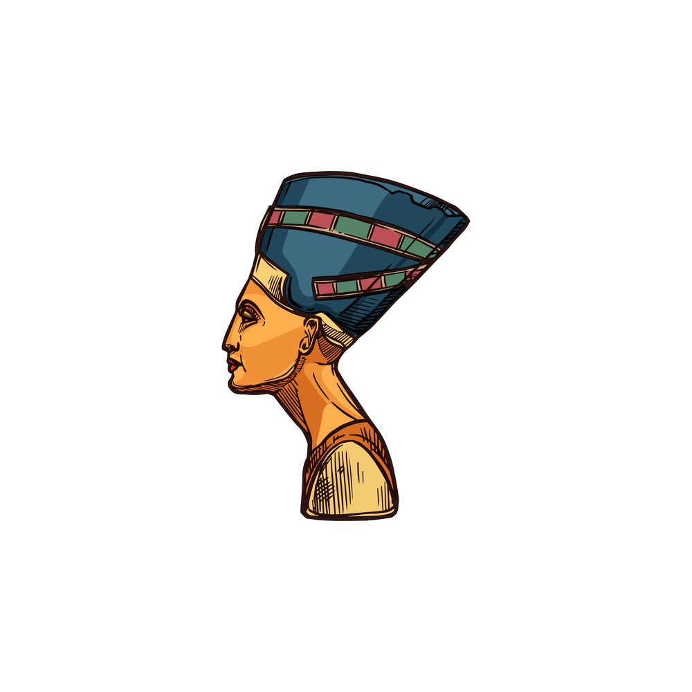 Ancient Egyptian queen Nefertiti isolated head profile. Vector sketch of Neferneuratten sculpture. Nefertiti ancient Egypt goddess isolated sculpture