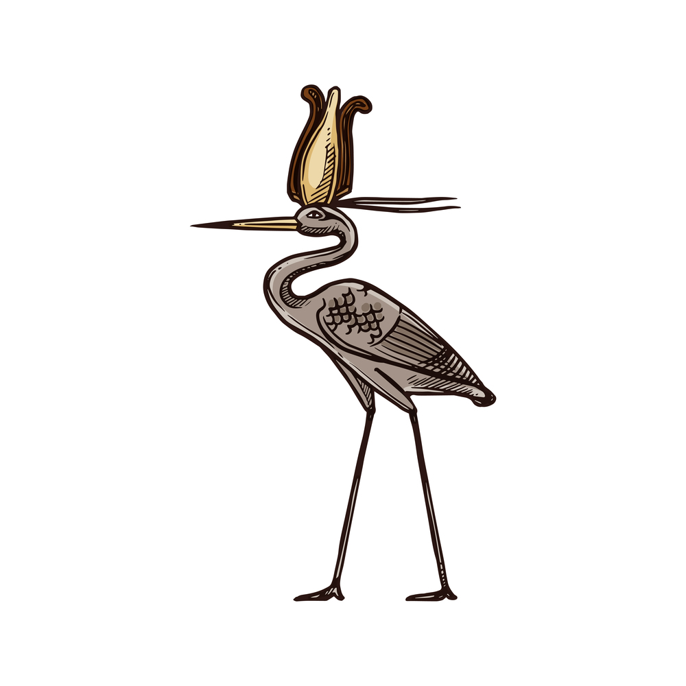 Ancient Egypt Bennu god isolated heron bird deity. Vector Egyptian crane, linked with sun, creation, and rebirth. Heron bird deity isolated egyptian Bennu God
