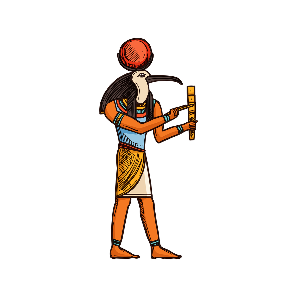 Ancient Egypt Ra isolated God of sun. Vector sketch of deity with falcon head and sun disk. Ra God of sun with falcon bird head isolated deity