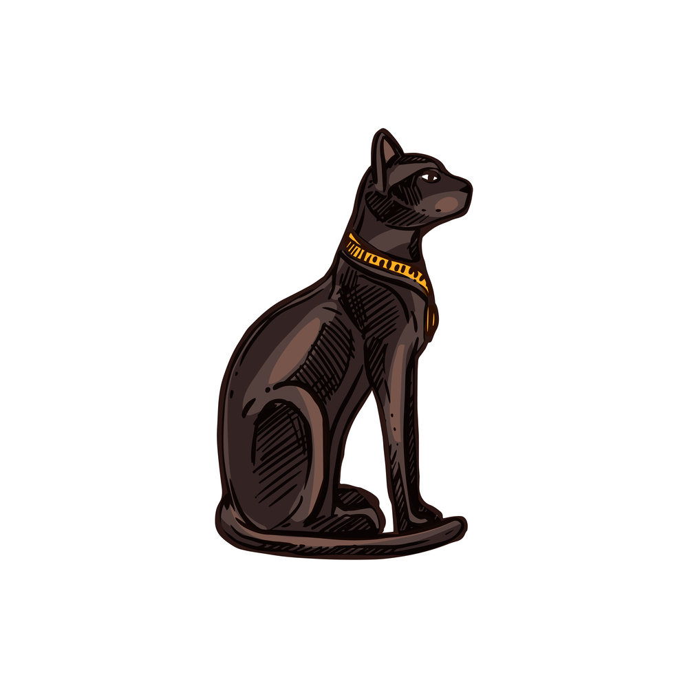Ancient Egypt cat isolated Bastet goddess. Vector feline animal sculpture with golden necklace. Black cat symbol of ancient Egypt isolated animal