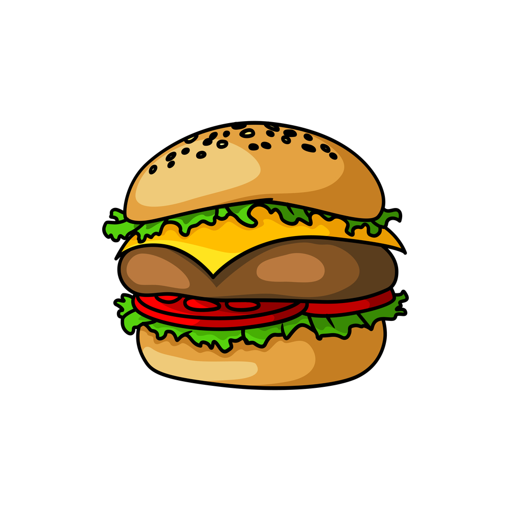 Fast food snack isolated hamburger. Vector takeaway burger, bun with tomato, lettuce and cucumbers, beef chop and sesame. Burger with chop, tomato and cucumbers, sesame bun