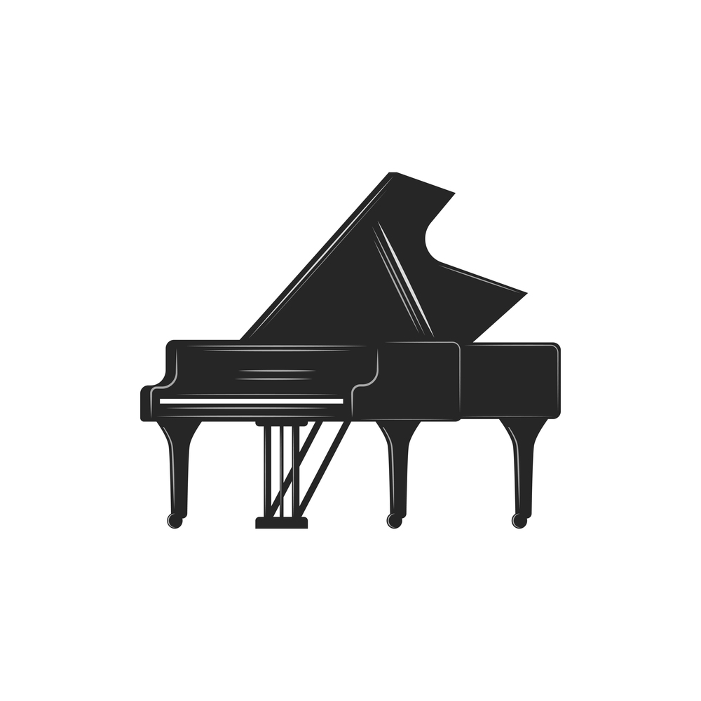 Piano isolated black fortepiano. Vector pianoforte, grand upright piano large keyboard musical instrument. Pianoforte or grand piano isolated fortepiano