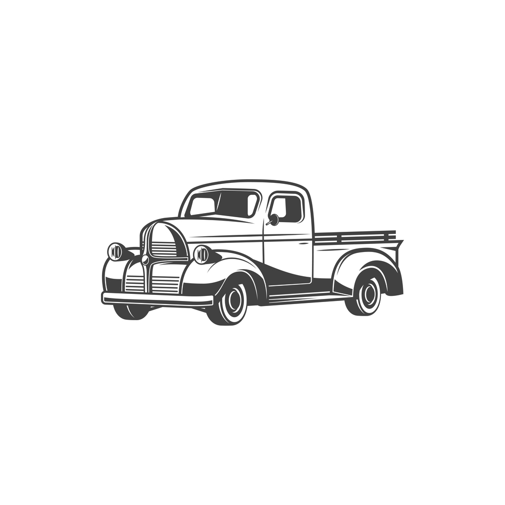 Retro pickup truck icon, vintage muscle car. Vector isolated antique motor vehicle model, rarity pickup truck transport. Vintage truck, antique retro muscle pickup car
