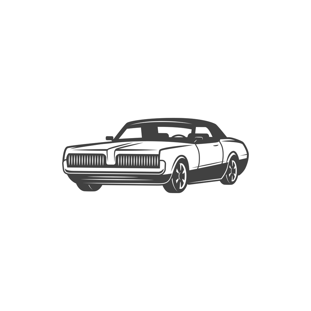 Retro car icon, classic vehicle coupe o cabriolet model vehicle. Vector isolated hatchback car motor, vintage transport and rare automobiles. Retro model vehicle, classic coupe sports car