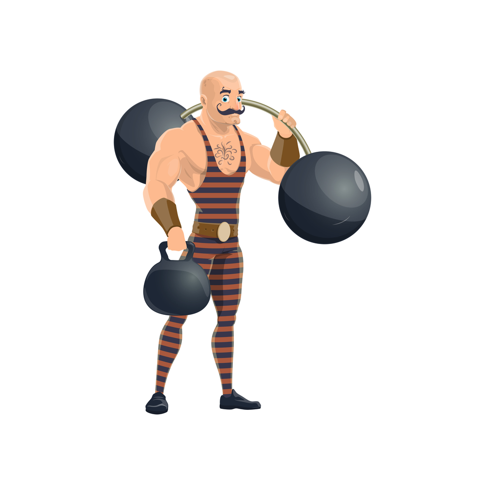 Circus, vintage carnival show performer. Vector muscleman or strongman with barbells and kettlebell, big top circus amusement funfair. Muscleman with barbells, vintage circus