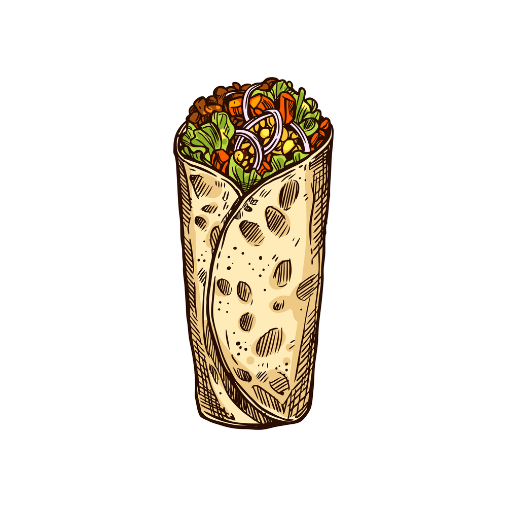Tex Mex fajita wrapped in grilled tortilla isolated fast food snack. Vector burrito with meat and vegetables. Burrito or tex mex fajita isolated filled tortilla