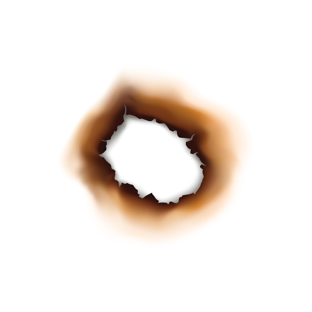 Paper sheet damaged by fire isolated burnt hole. Burnt hole in sheet of paper isolated damaged by fire surface. Vector torn page with brown ash. Burnt hole in paper sheet isolated damaged surface