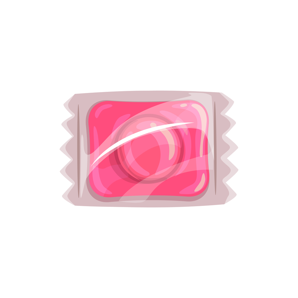 Pink caramel candy in transparent wrapper isolated confectionery food. Vector sweets snack. Caramel candy in transparent wrapping isolated