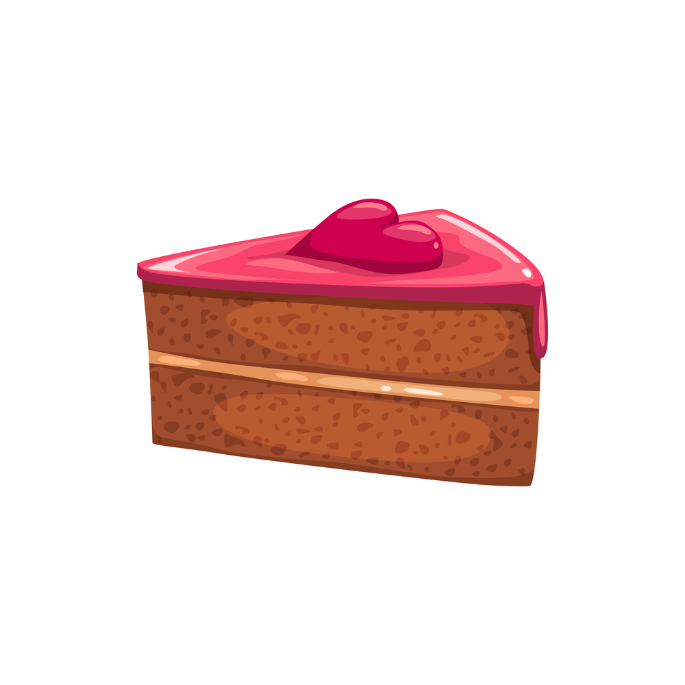 Piece of cake topped by heart isolated bakery. Vector baked food, chocolate dessert. Yummy piece of cake topped by heart isolated
