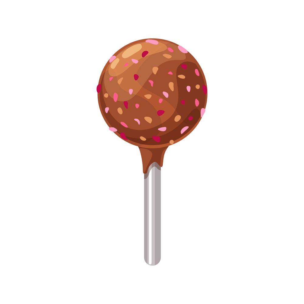 Chocolate candy on stick isolated confectionery food. Vector sweet lollipop with colored sugar sprinkles. Lollipop candy with chocolate and sugar sprinkles