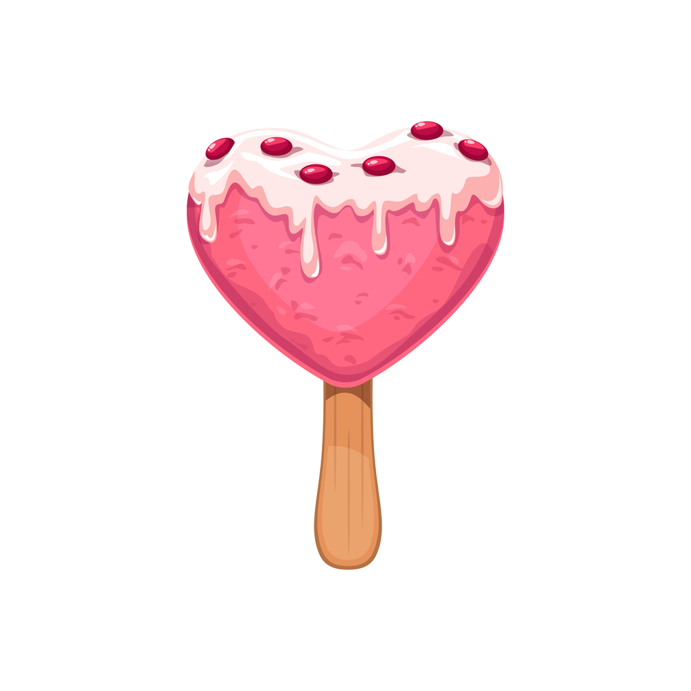 Heart-shaped strawberry ice cream on stick isolated dessert. Vector icecream with sugar topping and candies. Ice cream on stick isolated heart shaped snack