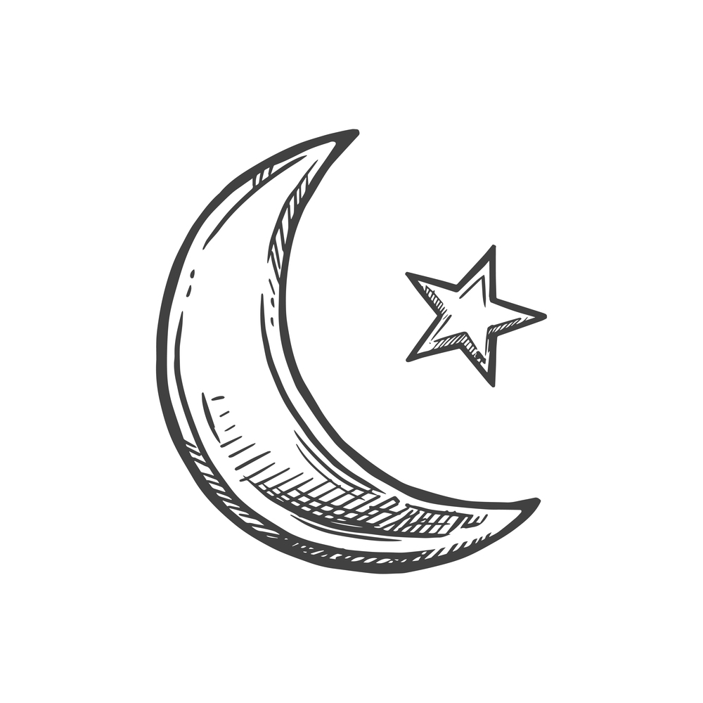 Islam religious crescent moon and star symbol isolated. Vector new Hilal in Islamic, Muslim, or Hijri calendar. Crescent Moon and star isolated Hilal sketch