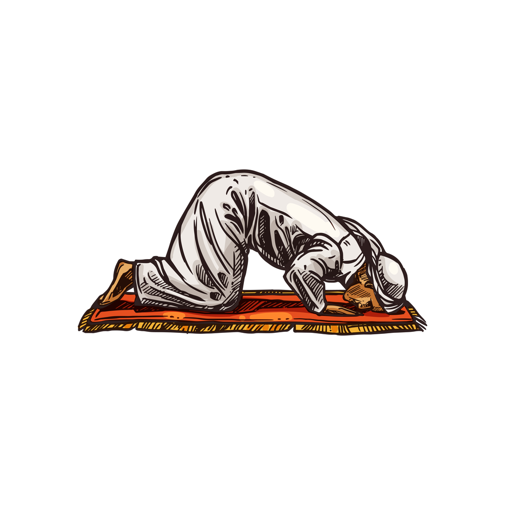 Muslim namaz salaah pray place isolated carpet with prayer. Vector sketch of Islamic religious man, salat. Prayer on worship carpet isolated salaah namaz