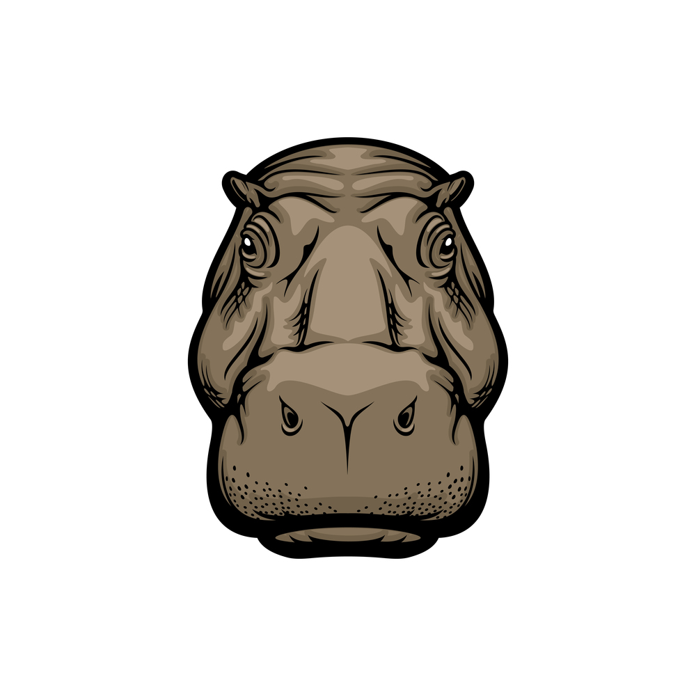Hippopotamus isolated monochrome head. Vector muzzle of hippo, animal trophy of hunting club. Hippo or hippopotamus head isolated animal muzzle