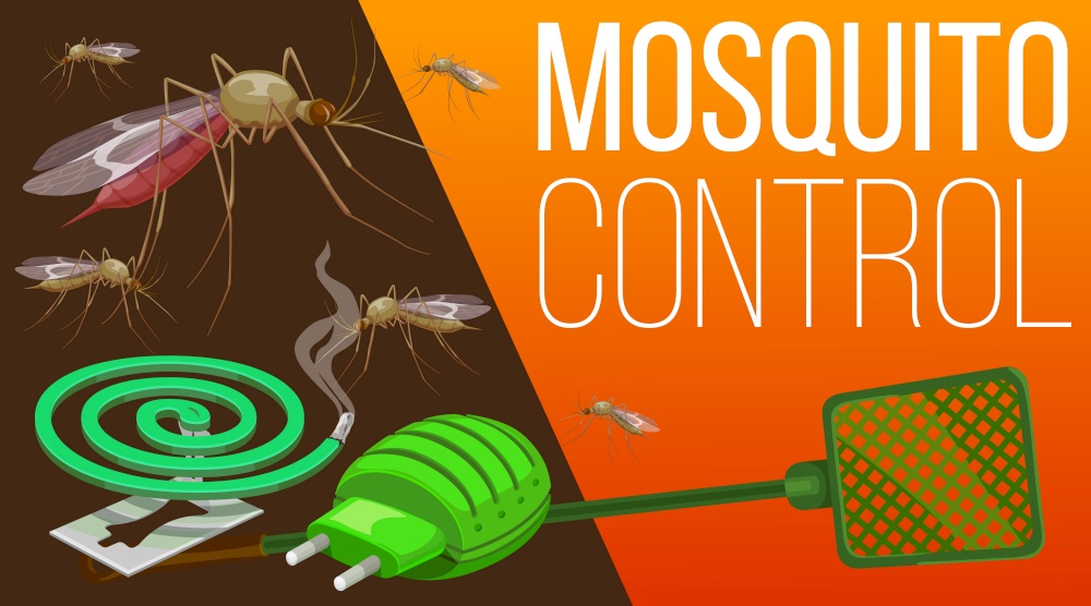Mosquito pest control home insects and health protection service, vector poster. Mosquito fumigation tools, electric repellent, coil spiral and swatter for malaria and zika virus mosquito disinsection. Mosquito fumigation, pest control disinsection