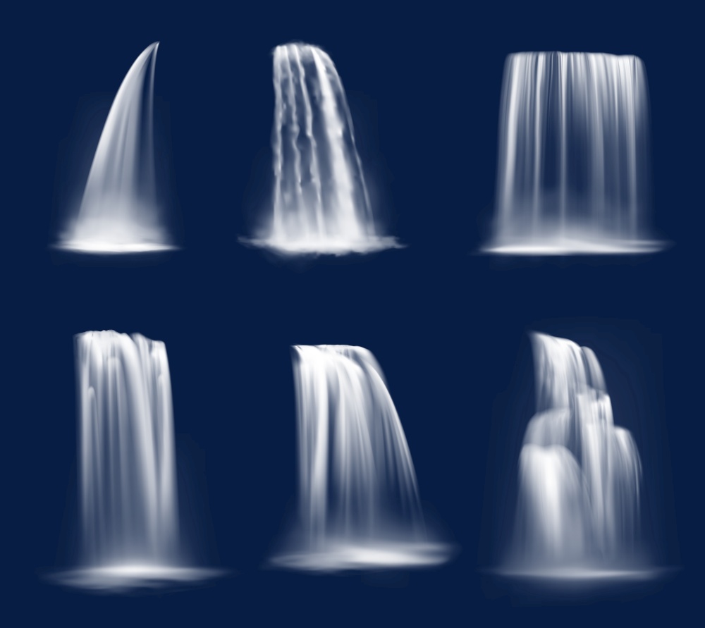 Waterfall cascade, realistic water fall streams, isolated vector pure liquid with fog. River, fountain elements of different shapes for natural design. 3d falling waterfall, streaming water jets set. Waterfall cascade realistic water fall streams set