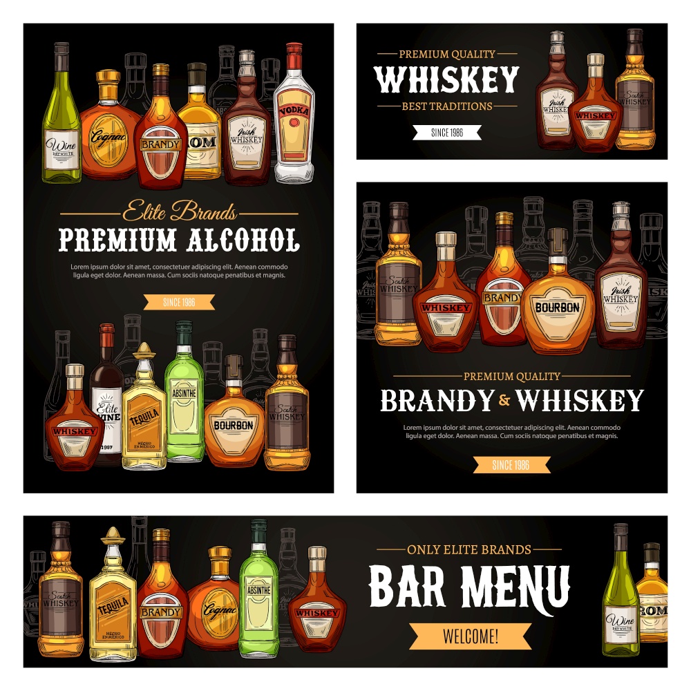 Bar menu vector banners and posters, premium quality brand alcohol drink bottles sketch. Pub whiskey, rum and absinthe, wine and scotch, tequila, vermouth and cocktail liquor drinks bottles. Whiskey, rum and tequila alcohol drinks bar menu