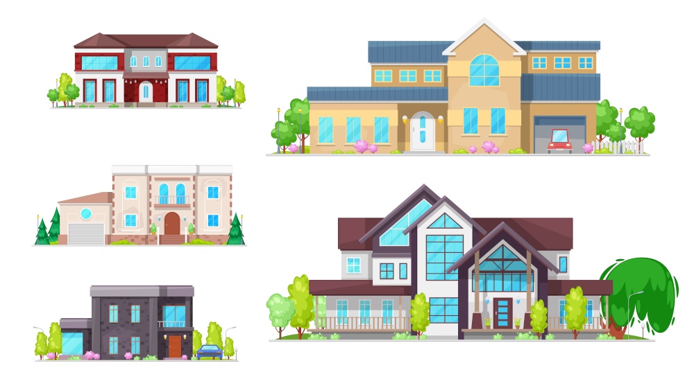 Private houses and homes, residential real estate vector icons. Family house, villas, mansions and cottages, modern townhouse property, duplex apartments facades with garage and garden. Residential villas, mansions and family houses
