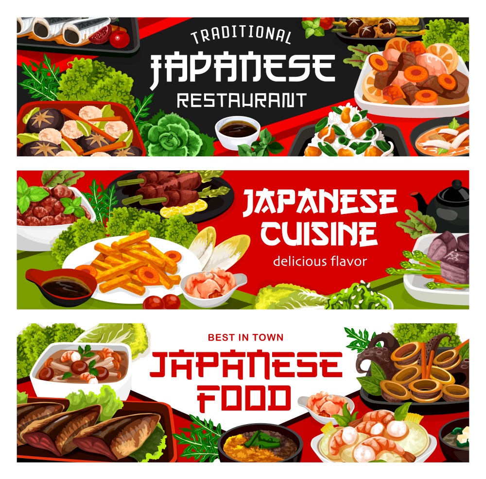 Japanese cuisine restaurant vector banners, Japan authentic food dishes menu. Traditional national Japanese lunch and dinner meals, pork and chicken meat, seafood fish, vegetables, miso and tempura. Traditional Japanese cuisine restaurant dishes