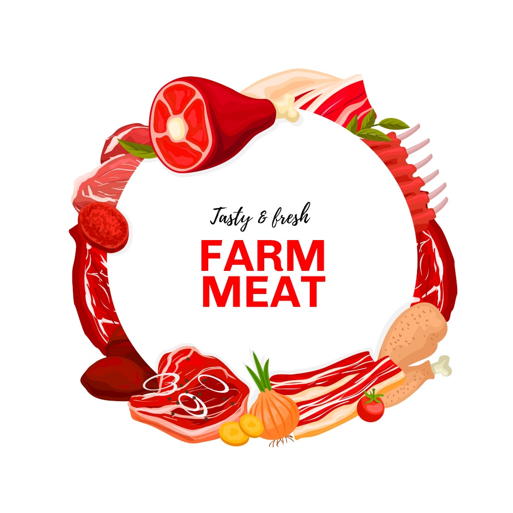 Meat products, butcher shop round vector frame. Cattle and poultry farm meat. Pig leg, pork ribs, bacon strips and belly, liver and veal, brisket, sirloin steak and beef, chicken or turkey leg. Meat products, butcher shop vector frame