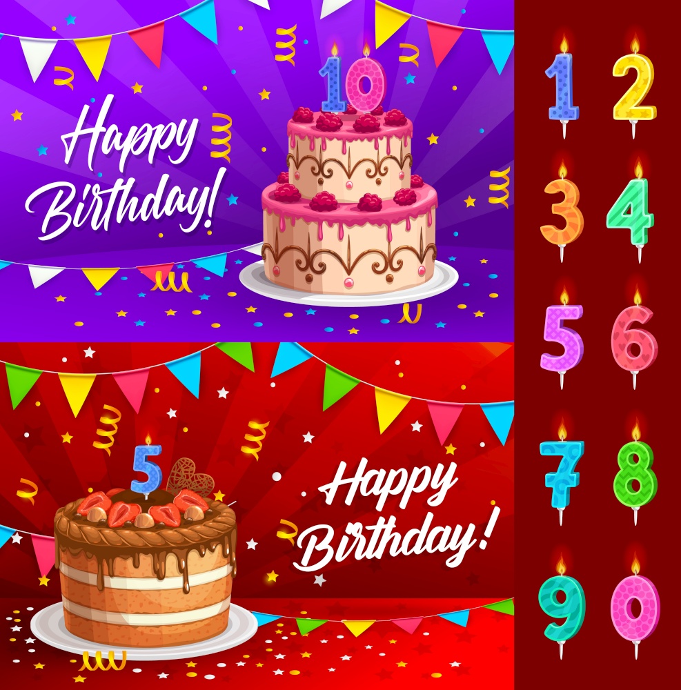 Birthday cake with numbered candles greeting card vector template. Anniversary party chocolate dessert with festive serpentine streamers and confetti, colorful flags and bunting, birthday celebration. Birthday cake with numbered candles greeting card