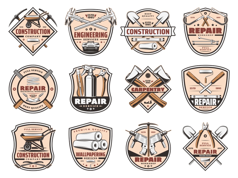 Tools workshop, construction and home repair equipment service icons. Vector house renovation and handyman work tools, carpentry hammer, woodwork plane grinder or cement wheelbarrow and electric drill. Home repair construction work tools icons