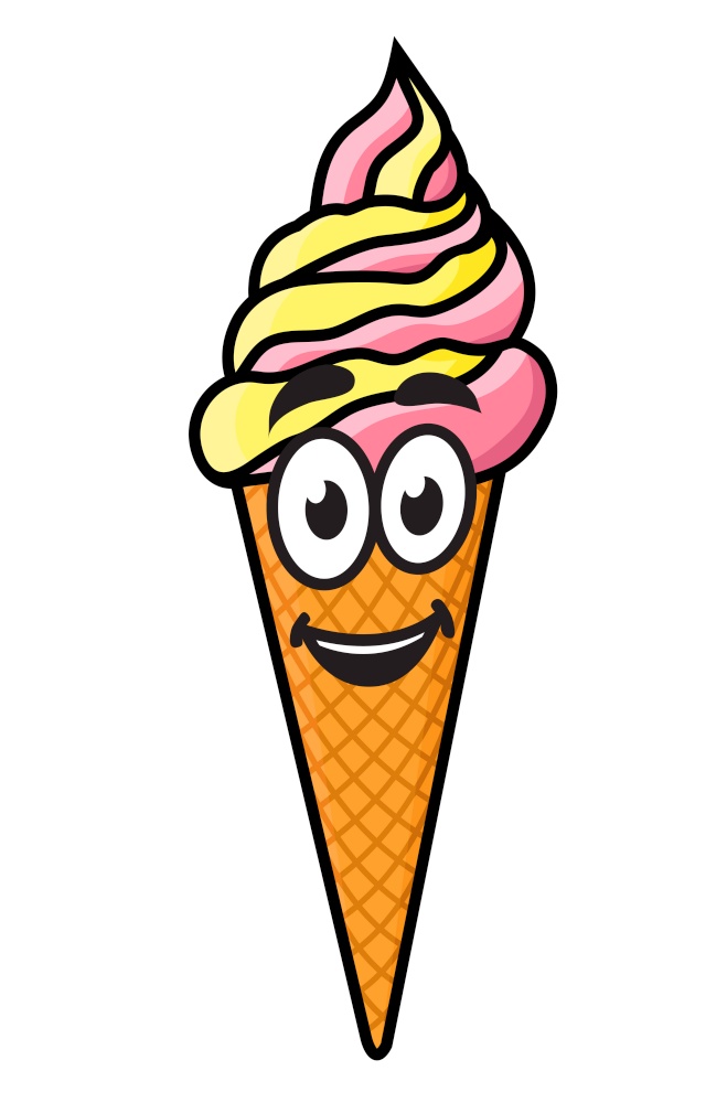 Happy cheeky cartoon ice cream cone with a cute smile and colourful twirl of frozen ice cream, vector illustration isolated on white