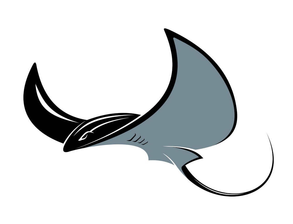 Swimming manta ray with its wing-like pectoral fins in a floating movement, cartoon vector mascot isolated on white