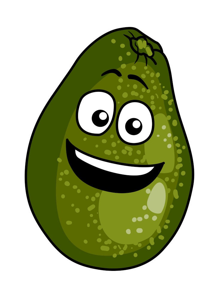 Happy ripe green cartoon avocado pear with a big smile and googly eyes perfect for a summer salad, vector illustration isolated on white