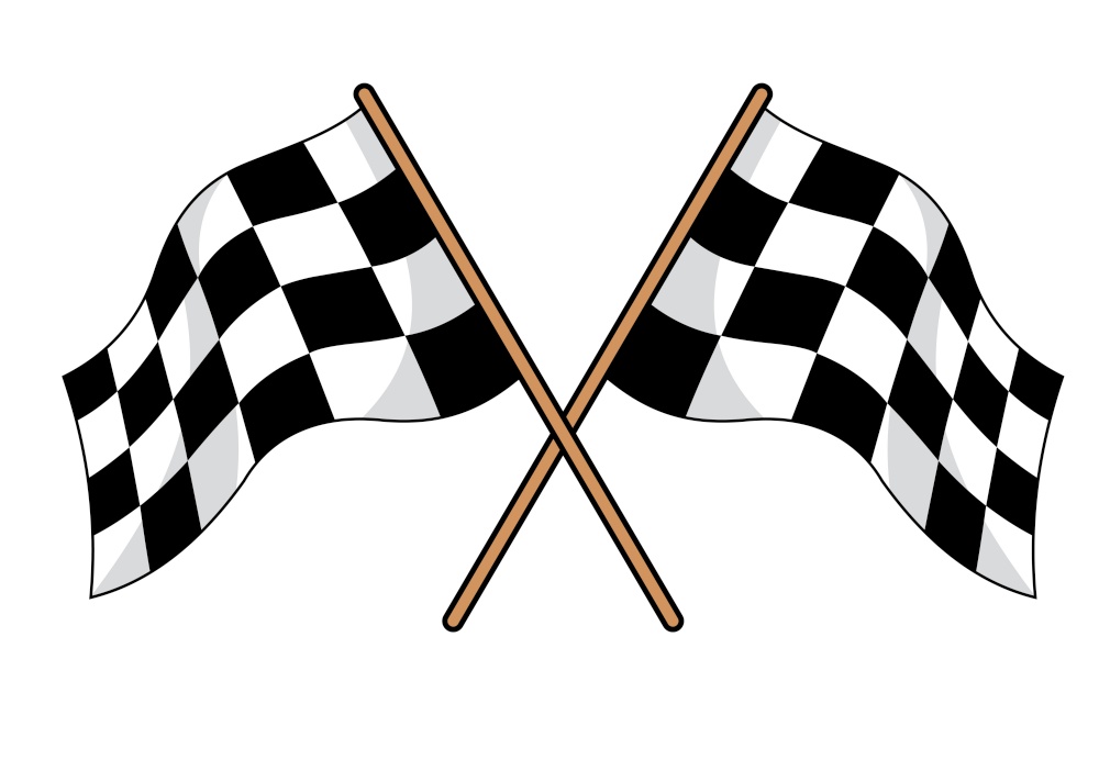 Two crossed black and white checkered flags used in motor sport to signal in the winner and all finishers at a race