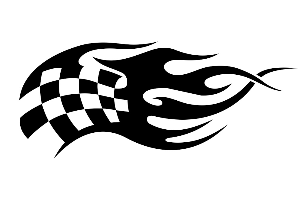 Flaming black and white checkered flag tattoo used in motor sport conceptual of the flames from the exhausts of the speeding bikes and cars, vector illustration
