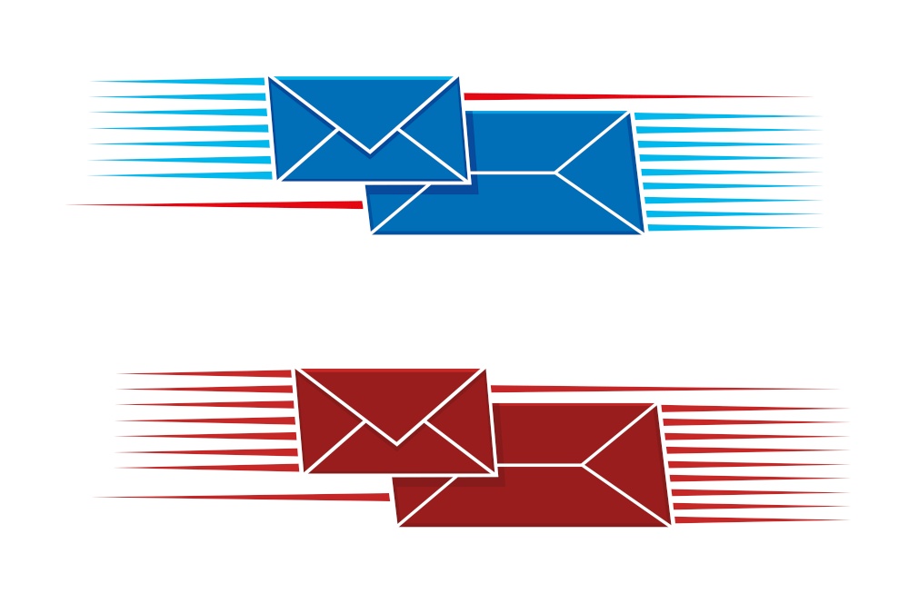 Two snail mail icons with two envelopes, one long one small, with a pattern of parallel lines on either side in red and blue, vector illustration on white