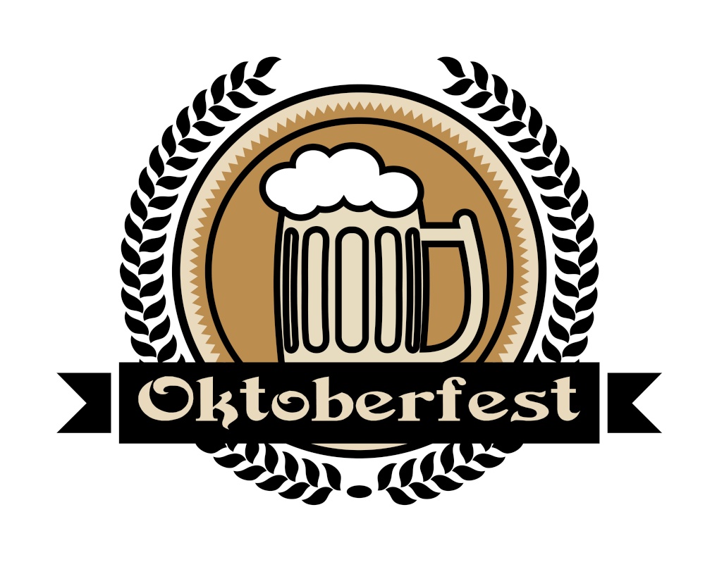 Oktoberfest beer icon or label with a pint of frothy lager in a tankard on a centre medallion enclosed within a foliate wreath with the word - Oktoberfest - on a ribbon banner