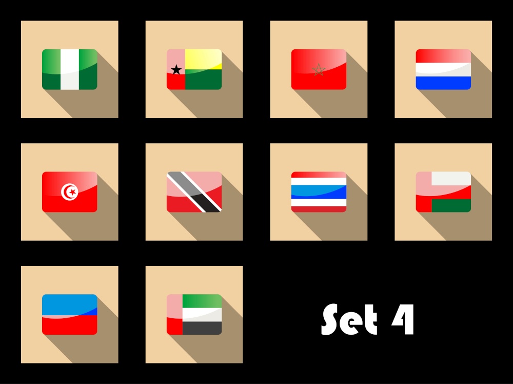 Flags of Nigeria, Guinea-Bissau, Morocco, Tunisia, Trinidad, Thailand, United Arab Emirates, Oman and Netherlands on flat icons