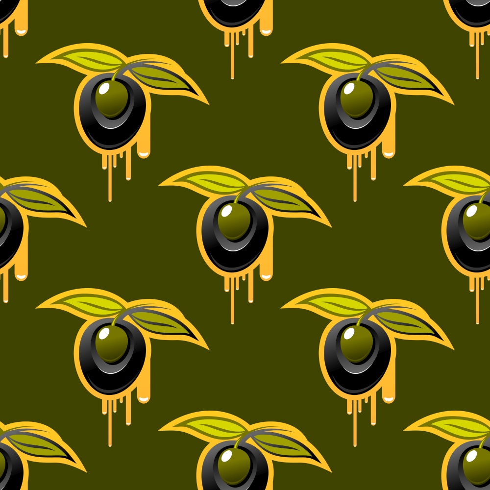 Repeat background seamless pattern of fresh olives with two leaves dripping golden olive oil in square format on an olive green background